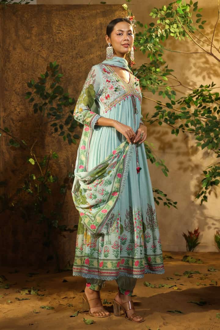 Maabetii Sky Blue Printed Embroider Muslin Alia Cut Afghani Suit Set