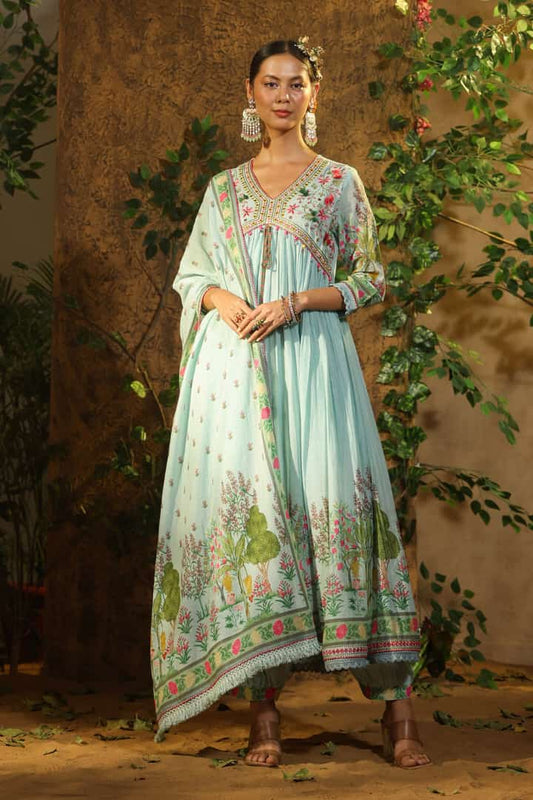 Maabetii Sky Blue Printed Embroider Muslin Alia Cut Afghani Suit Set