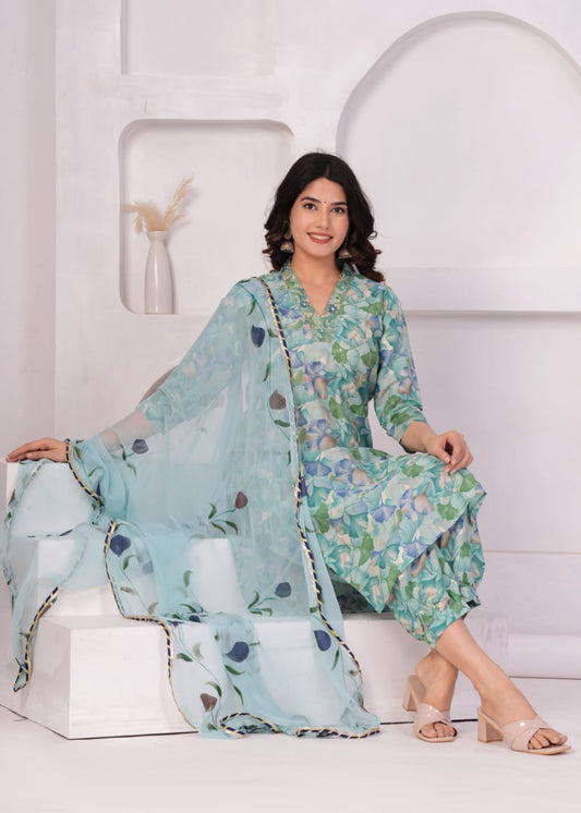 Maabetii Teal Blue Floral Digital Printed Muslin V neck Straight Suit Set