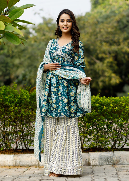 Maabetii Teal Blue Gota Embroider Work Rayon Peplum Sharara Suit Set