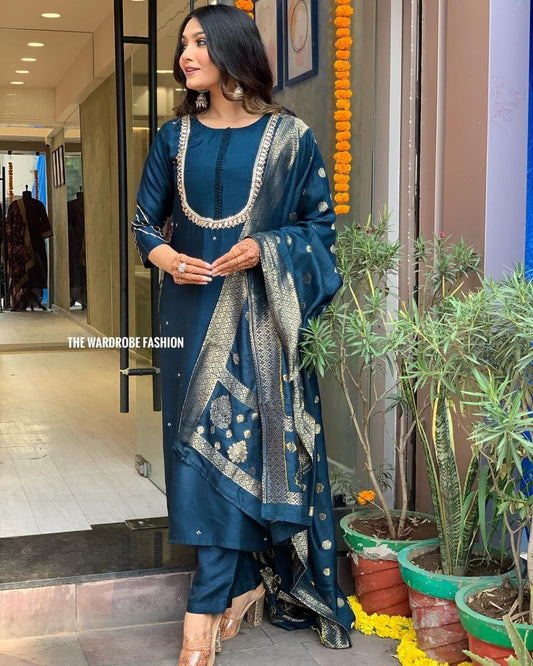 Maabetii Teal Blue Handwork Rayon Straight Suit Set