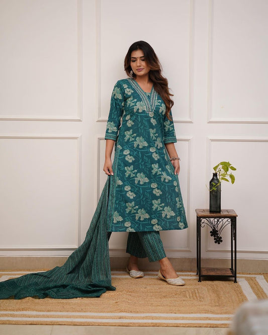 Maabetii Teal Green Floral Moti Lace Handwork Cotton Straight Suit Set