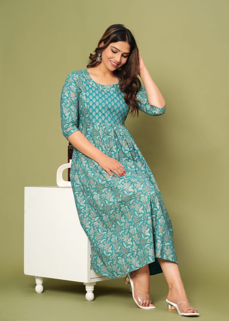 MaaBetii Teal Green Handwork Cotton Gown Style Kurti Dress( Feeding Gown )s