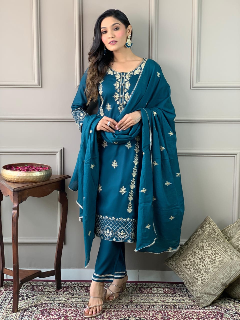 Maabetii Teal Green Heavy Embroidery Floral Rayon Straight Suit Set