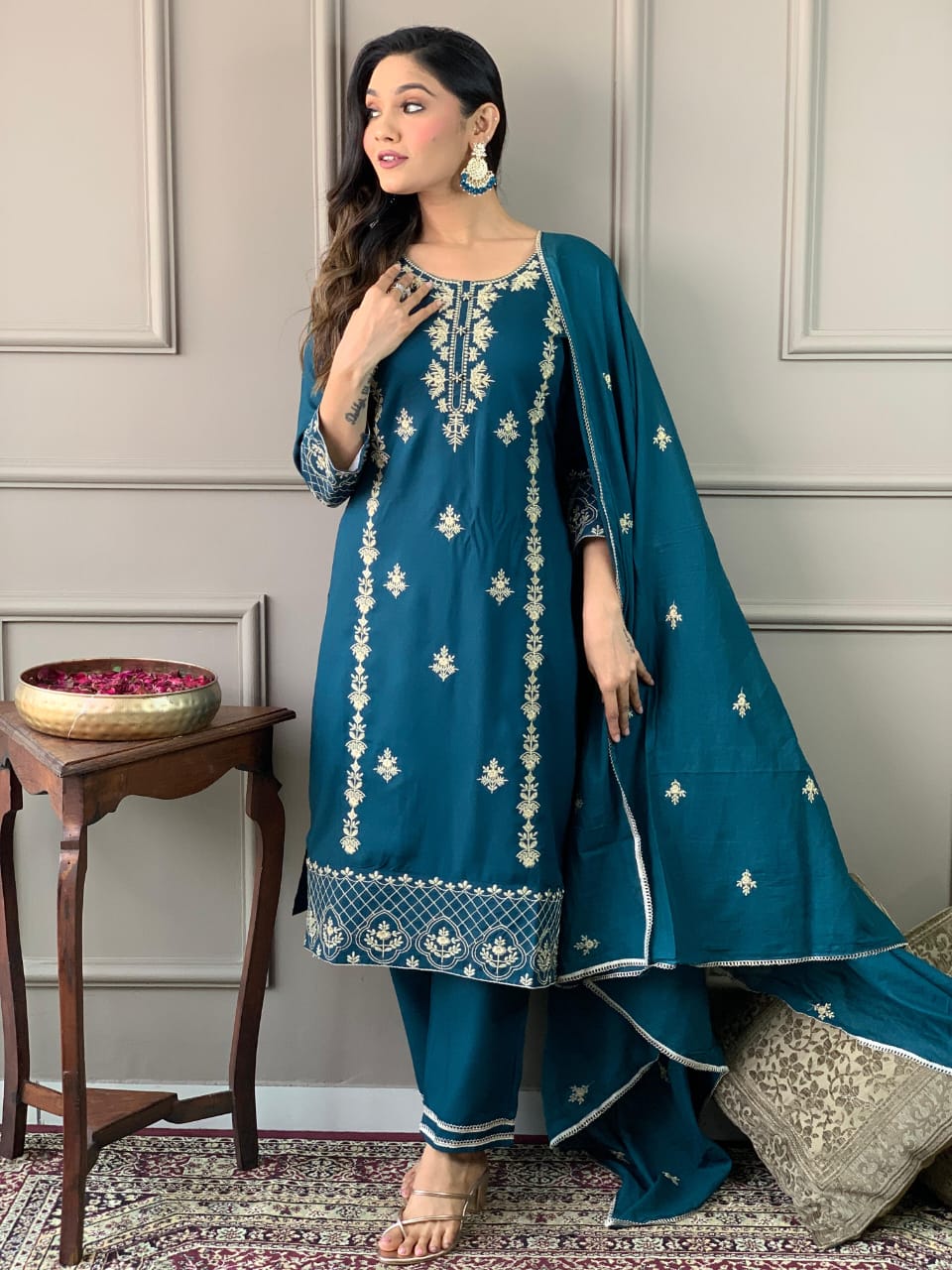 Maabetii Teal Green Heavy Embroidery Floral Rayon Straight Suit Set