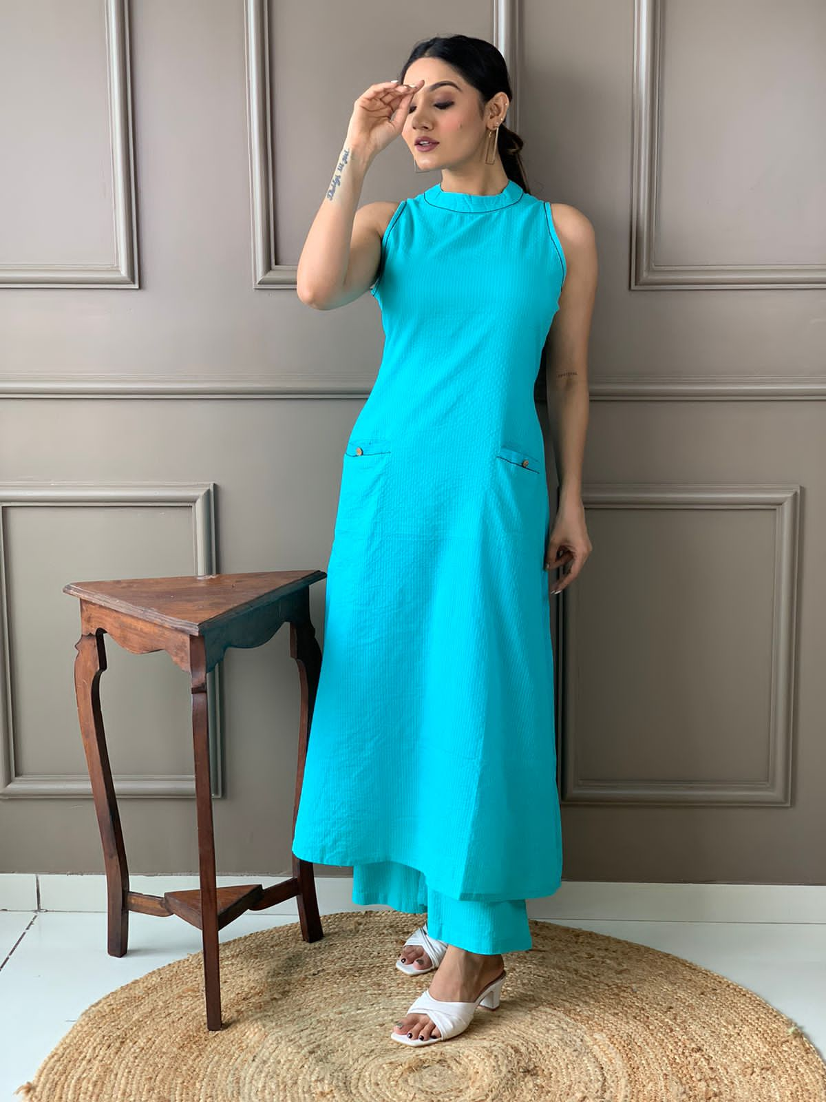 Maabetii Sky Blue Color Cut Sleeves Kurta Pants Cotton Coord Set