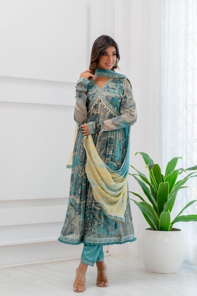 Maabetii Turquoise Sky Blue Floral Embroidery Chinnon Alia Cut Anarkali Suit Set