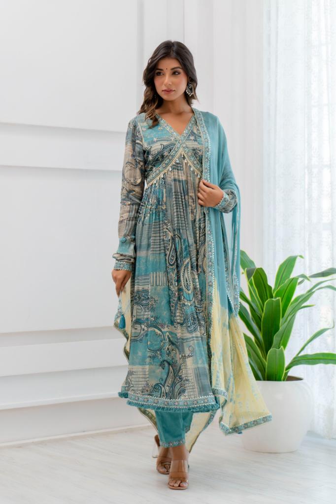 Maabetii Turquoise Sky Blue Floral Embroidery Chinnon Alia Cut Anarkali Suit Set