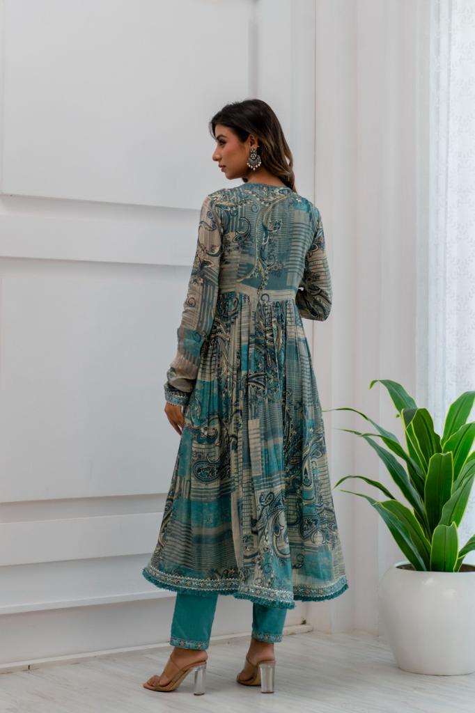 Maabetii Turquoise Sky Blue Floral Embroidery Chinnon Alia Cut Anarkali Suit Set