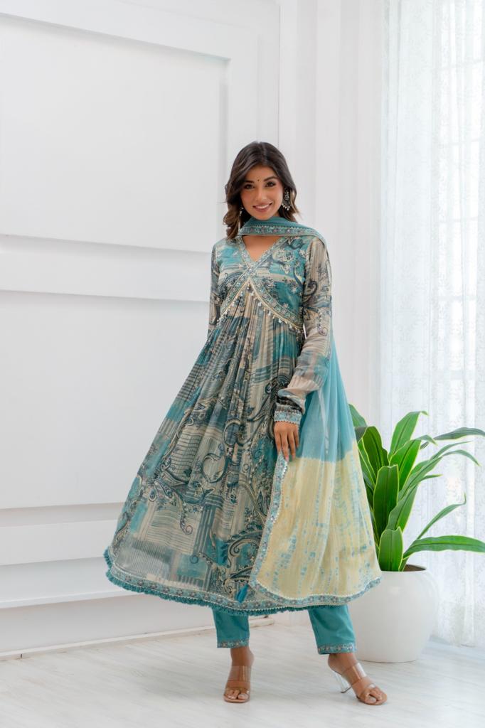 Maabetii Turquoise Sky Blue Floral Embroidery Chinnon Alia Cut Anarkali Suit Set