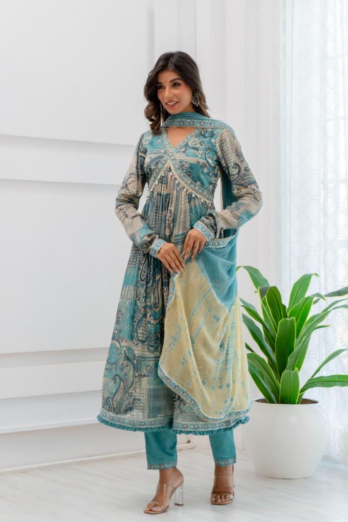 Maabetii Turquoise Sky Blue Floral Embroidery Chinnon Alia Cut Anarkali Suit Set