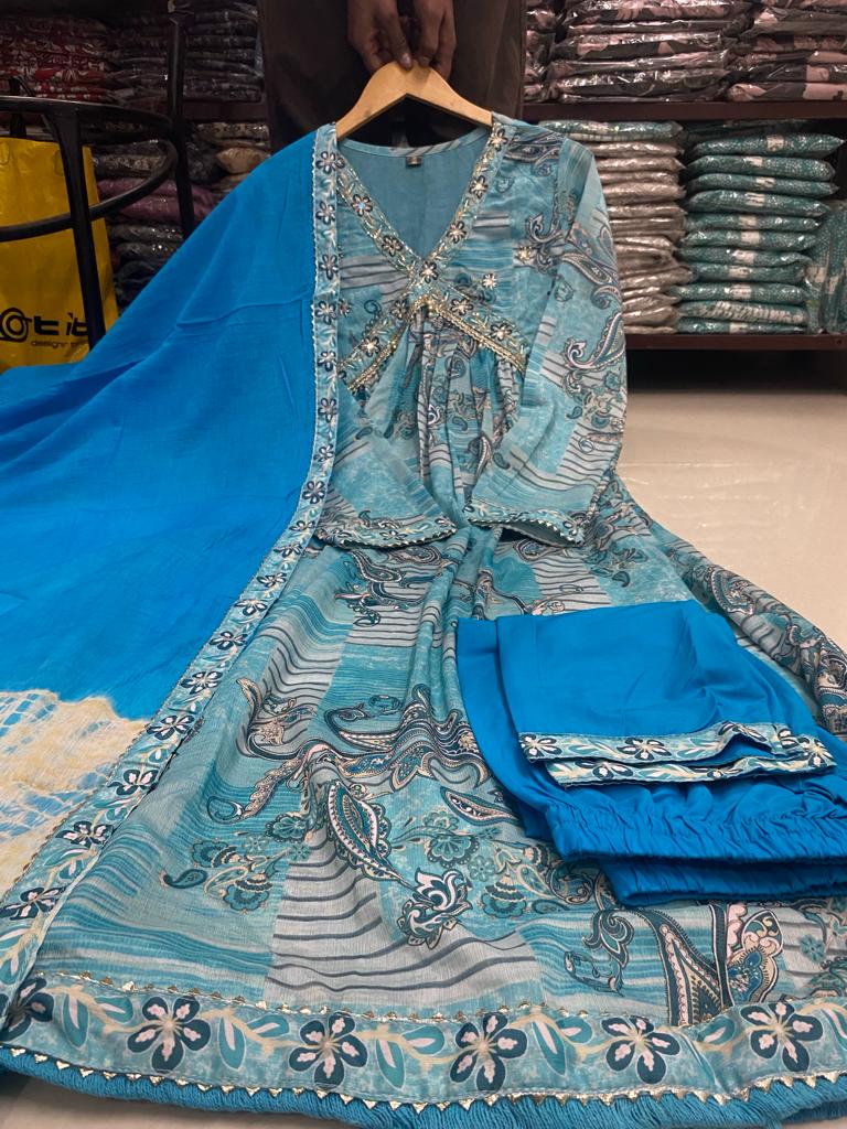 Maabetii Turquoise Sky Blue Floral Embroidery Chinnon Alia Cut Anarkali Suit Set