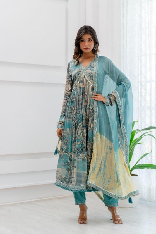 Maabetii Turquoise Sky Blue Floral Embroidery Chinnon Alia Cut Anarkali Suit Set