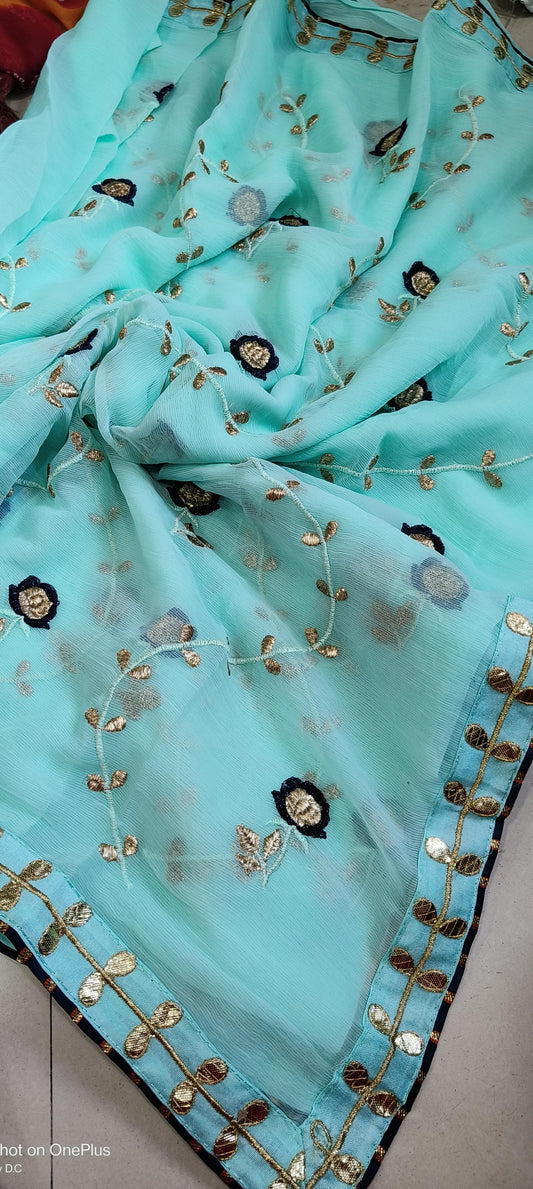 Maabetii  Sky Blue Color Floral Zari Work Georgette Saree