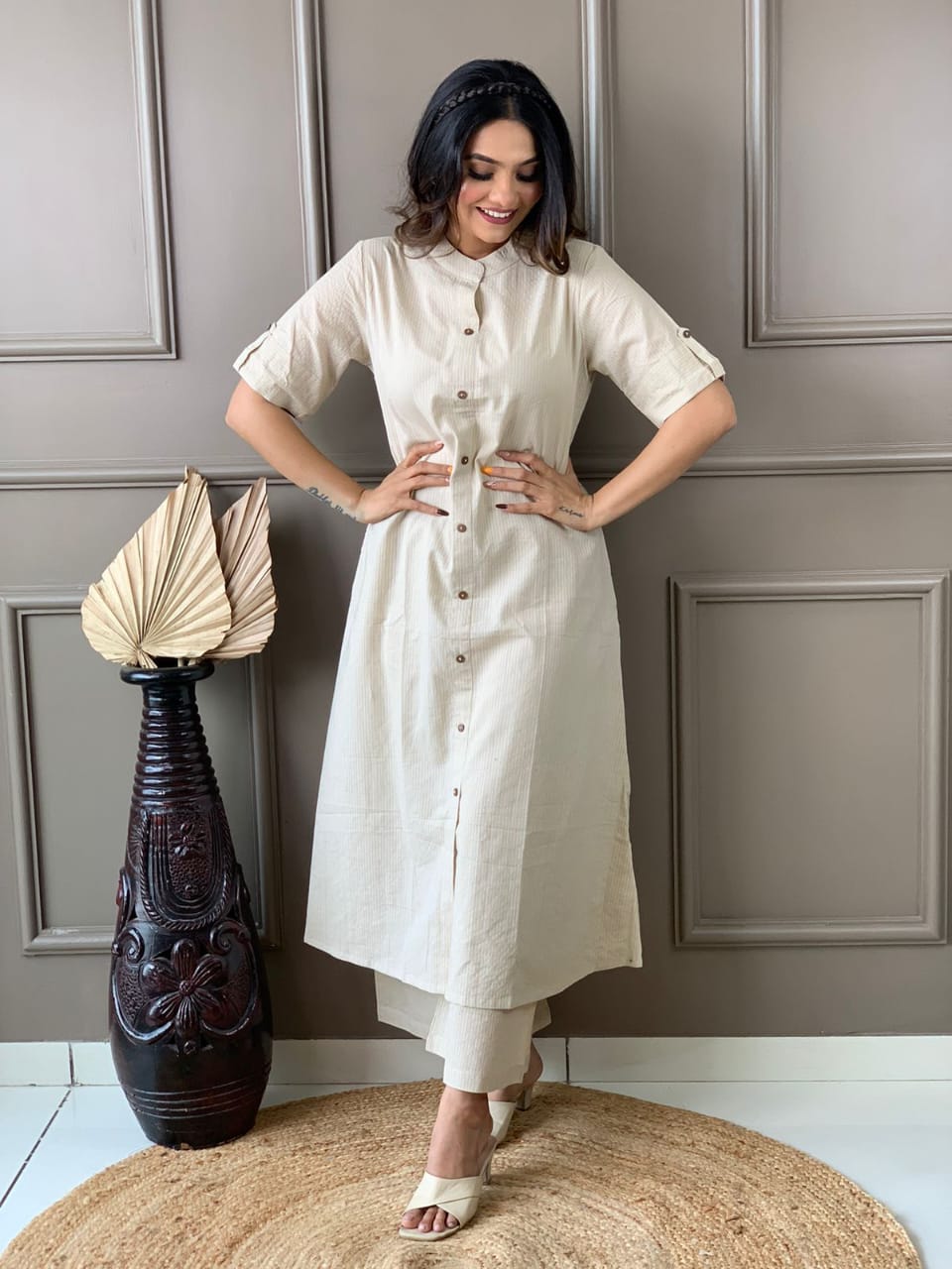 Maabetii White A line Kurti Plazo Kantha Coord Set