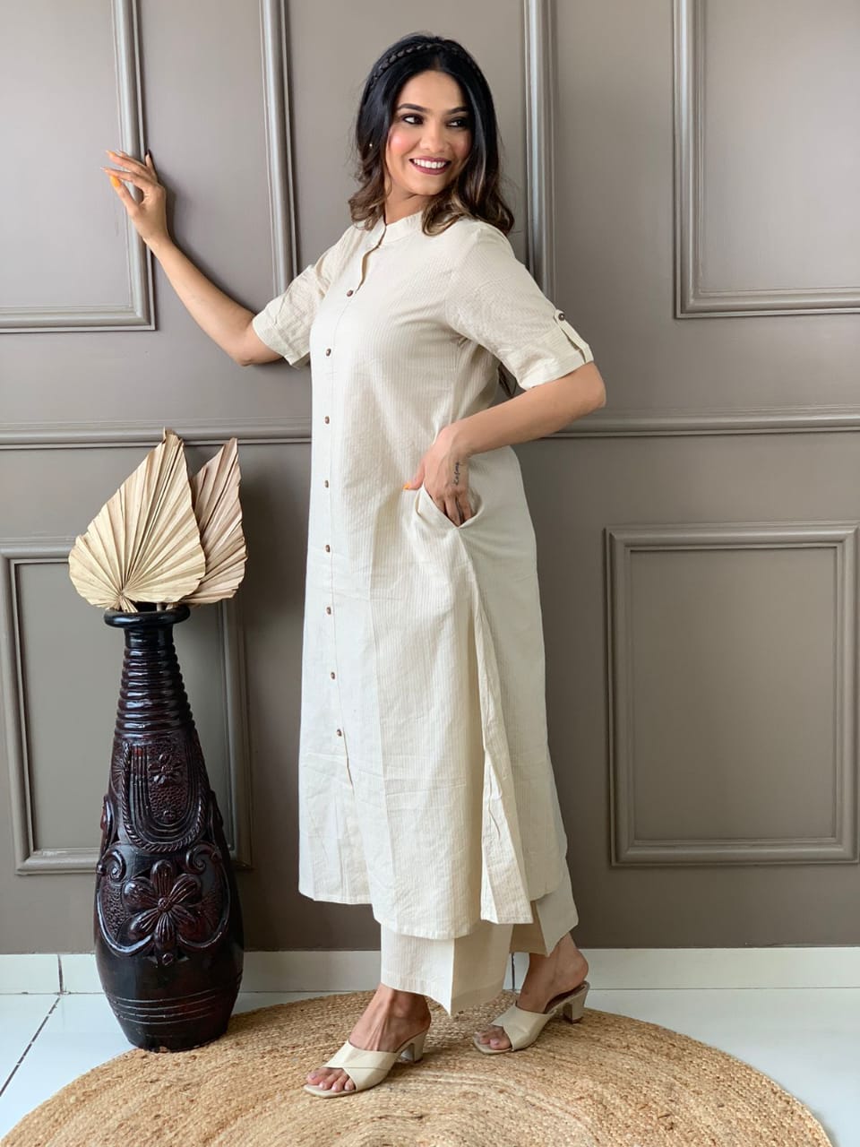 Maabetii White A line Kurti Plazo Kantha Coord Set