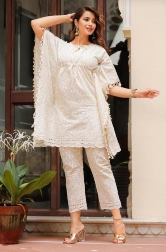 Maabetii White Cotton Kaftan Kurta of Embroidery Work with Matching Pant