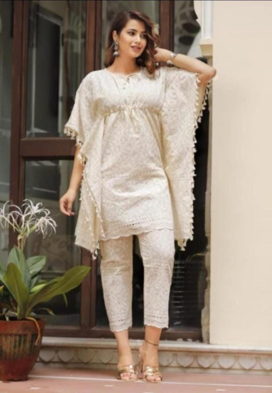 Maabetii White Cotton Kaftan Kurta of Embroidery Work with Matching Pant