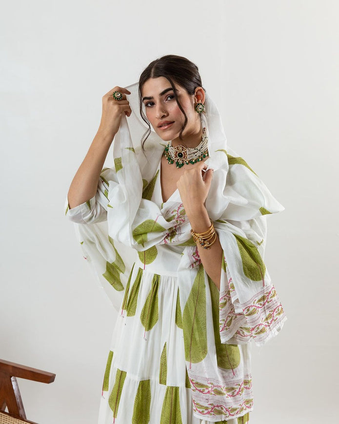 Maabetii White Dori Design Jungle Crisp Cotton Angarkha Suit Set