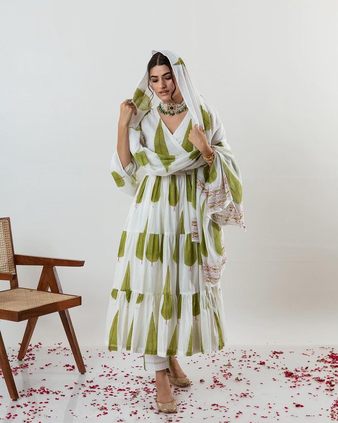 Maabetii White Dori Design Jungle Crisp Cotton Angarkha Suit Set