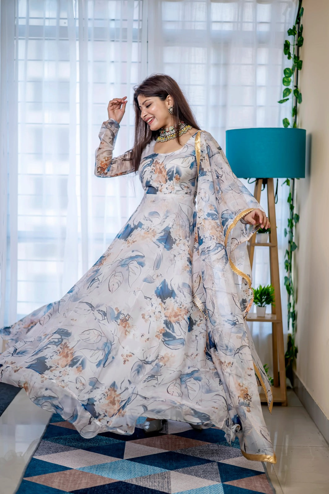 Maabetii Blue Floral Digital Print Organza Silk Anarkali Suit Set