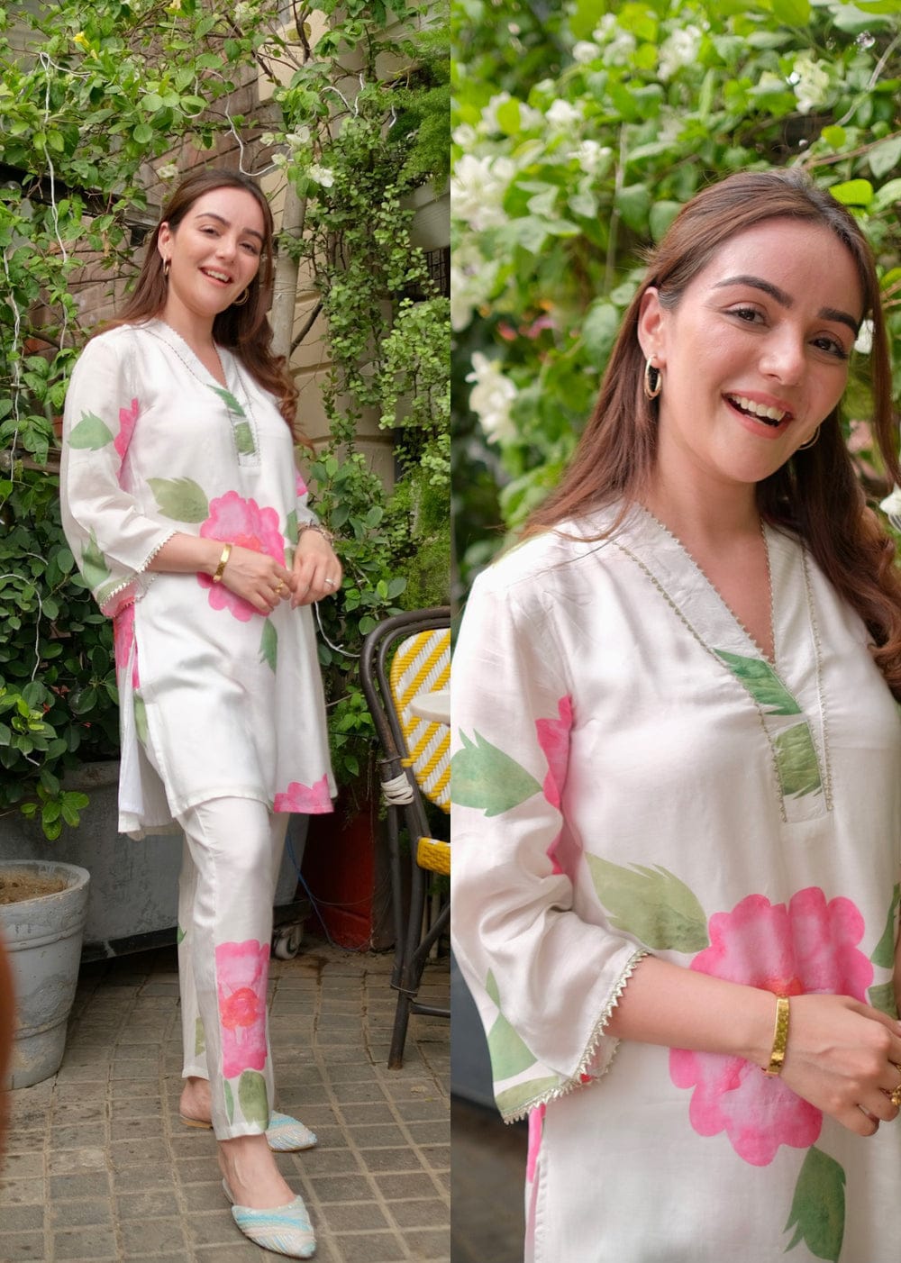 Maabetii White Floral Digital Printed Muslin Kurta Pant Coord Set