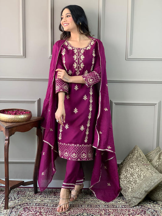 Maabetii Wine Heavy Embroidery Floral Rayon Straight Suit Set