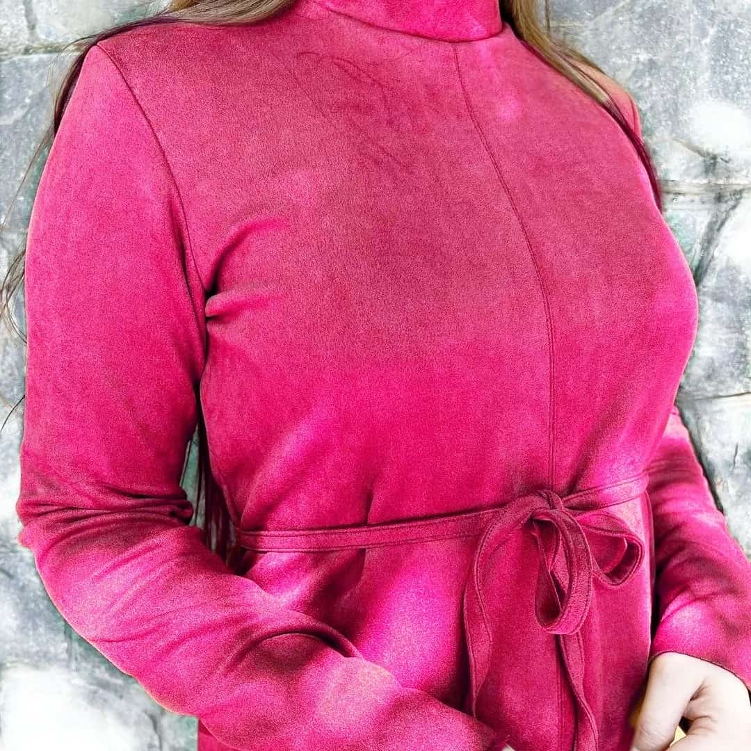 Maabetii Winter Special Pink Plain Velvet Silt Dress with Belt