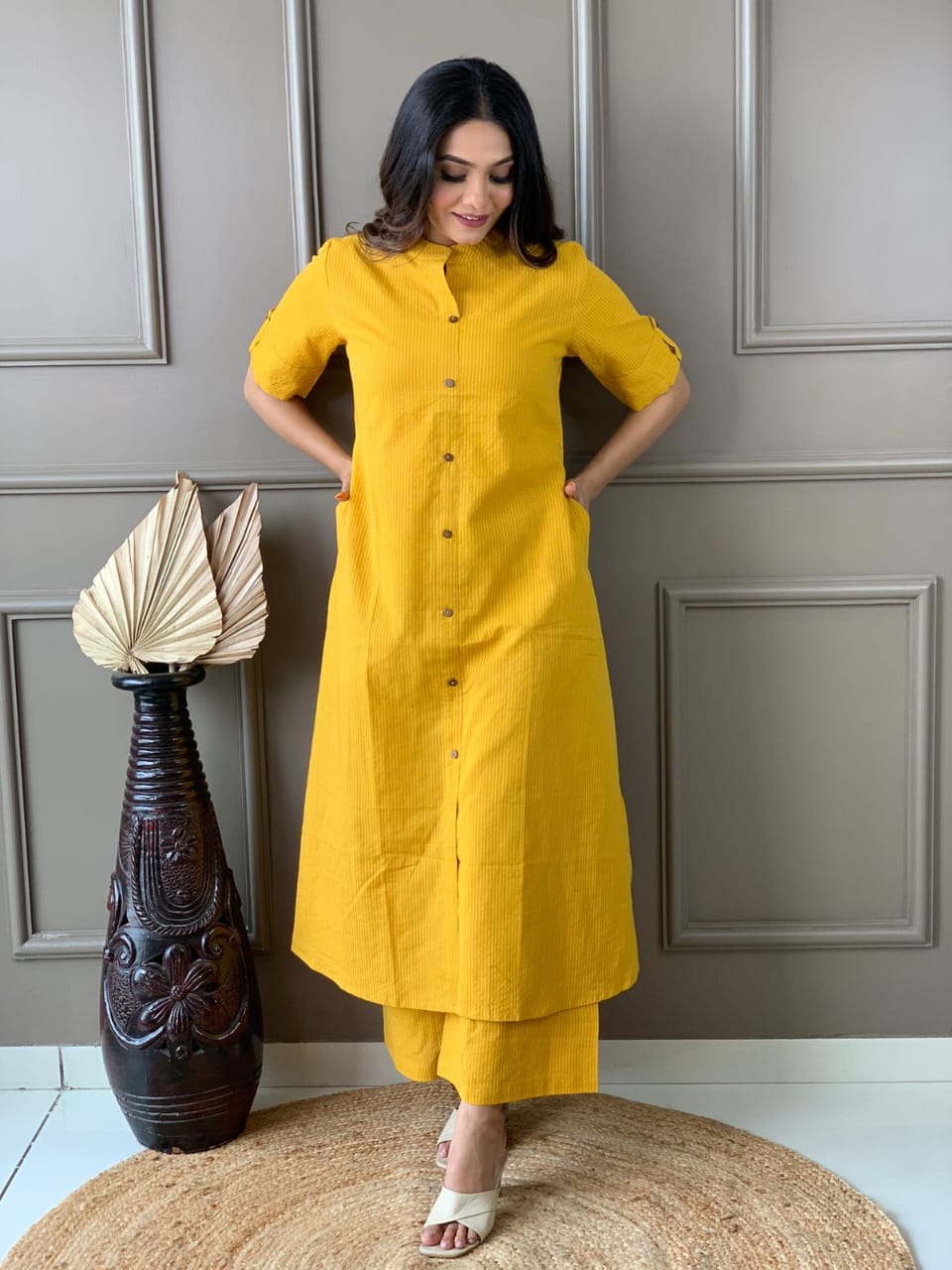 Maabetii Yellow A line Kurti Plazo Kantha Coord Set