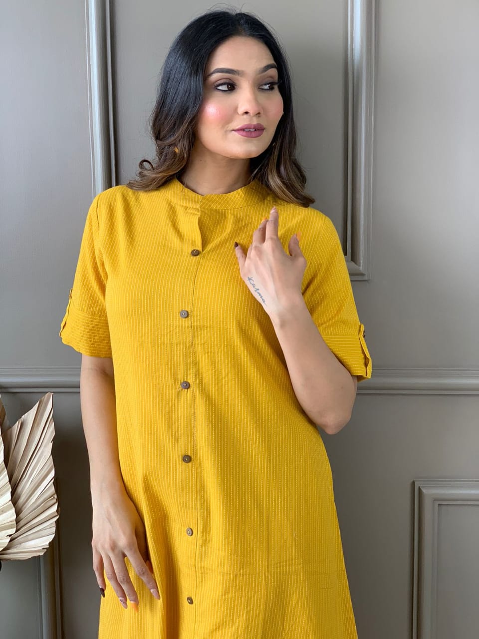 Maabetii Yellow A line Kurti Plazo Kantha Coord Set