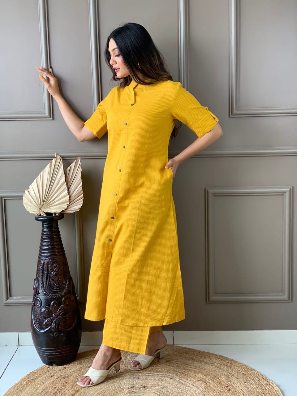 Maabetii Yellow A line Kurti Plazo Kantha Coord Set