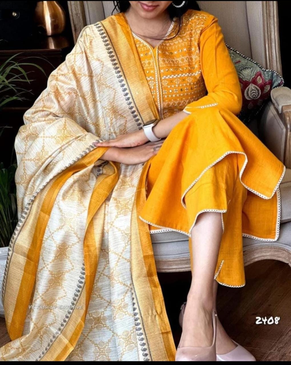 Maabetii Yellow Cotton Straight Kurta of Embroidery Work with Matching Pant and Duppatta