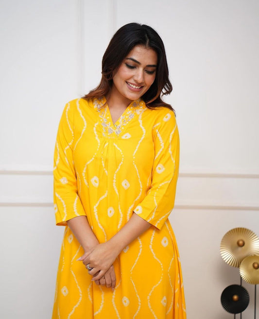 Maabetii Yellow Detailed Handwork Rayon Kurta Pant Set