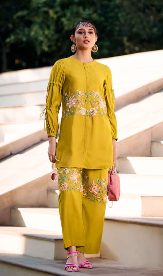 Maabetii Yellow Embroider Cotton Kurti Pants Coord Set