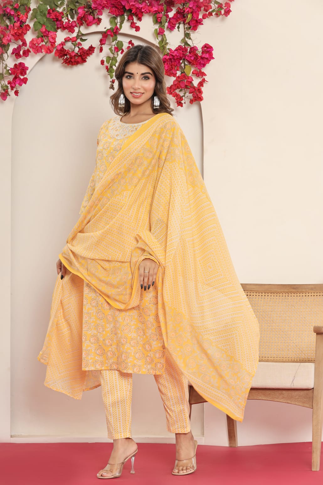 Maabetii Yellow Embroider Pure Cotton Straight Suit Set