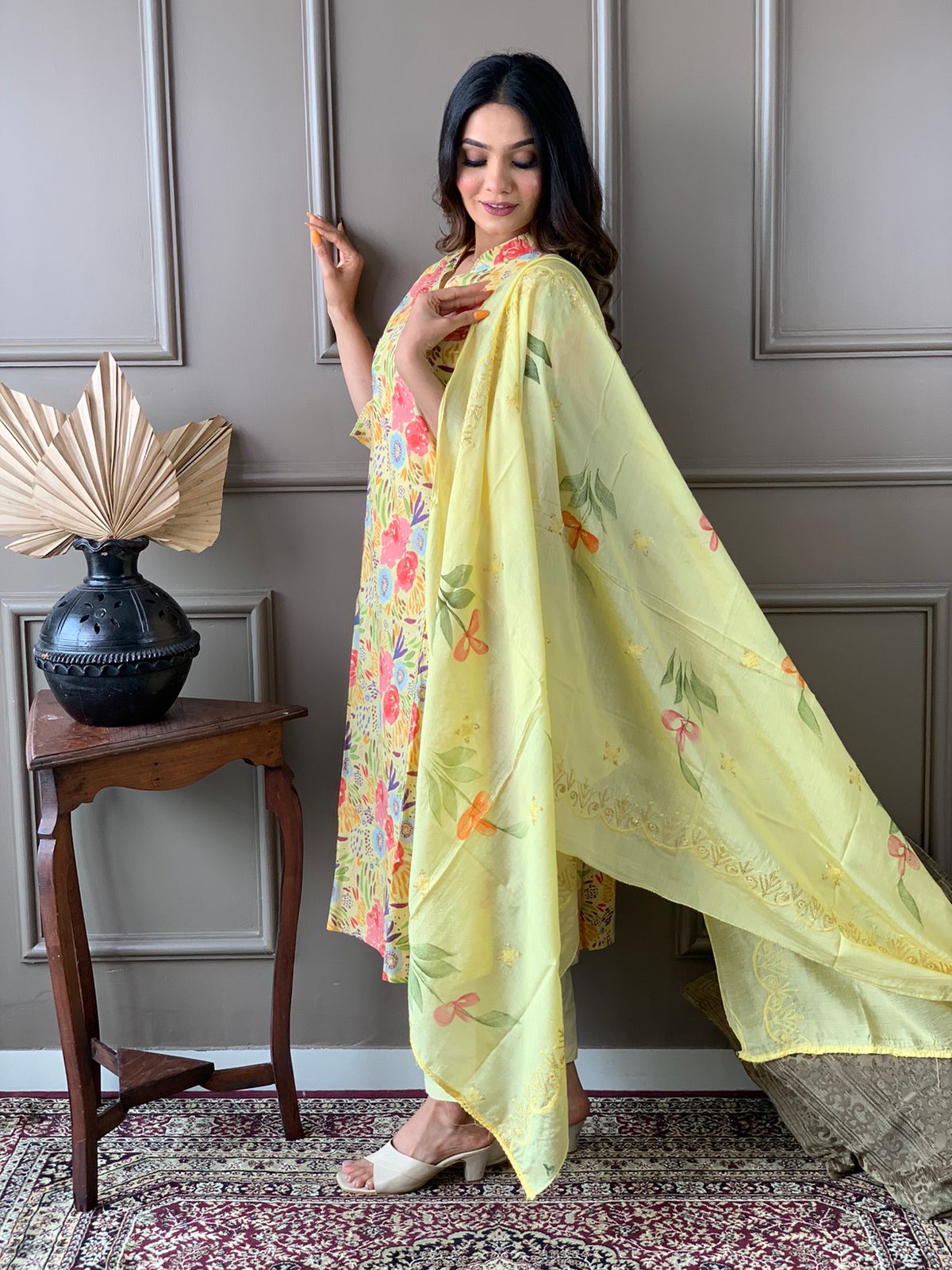 Maabetii Yellow Floral Embroider Cotton Angarkha Suit Set