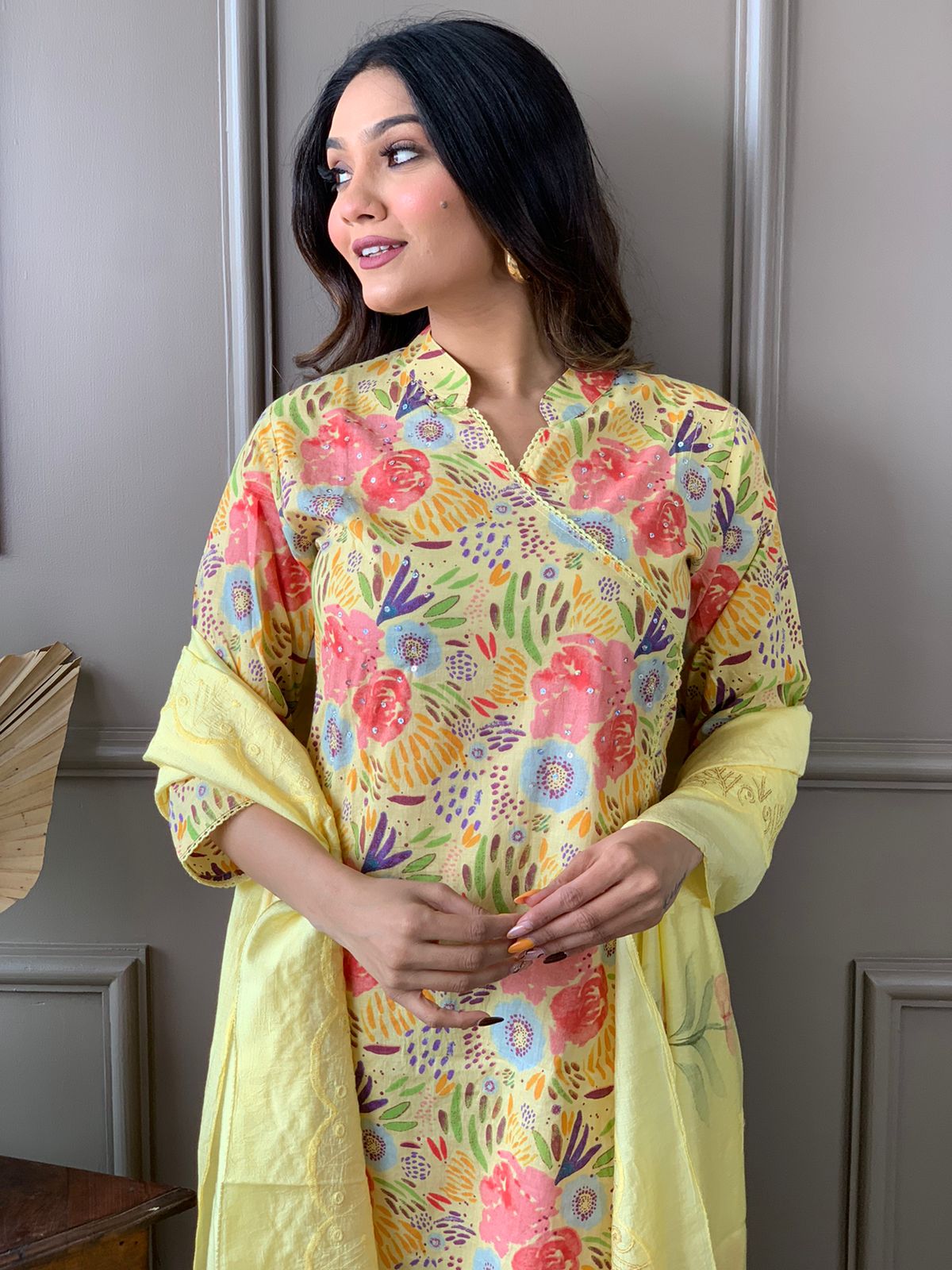 Maabetii Yellow Floral Embroider Cotton Angarkha Suit Set