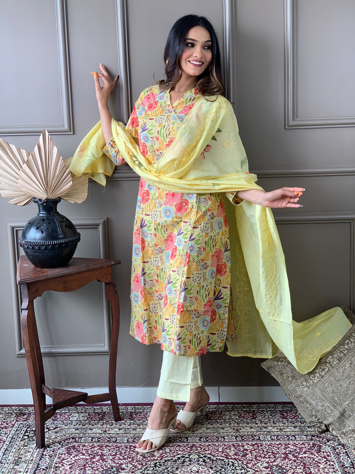 Maabetii Yellow Floral Embroider Cotton Angarkha Suit Set