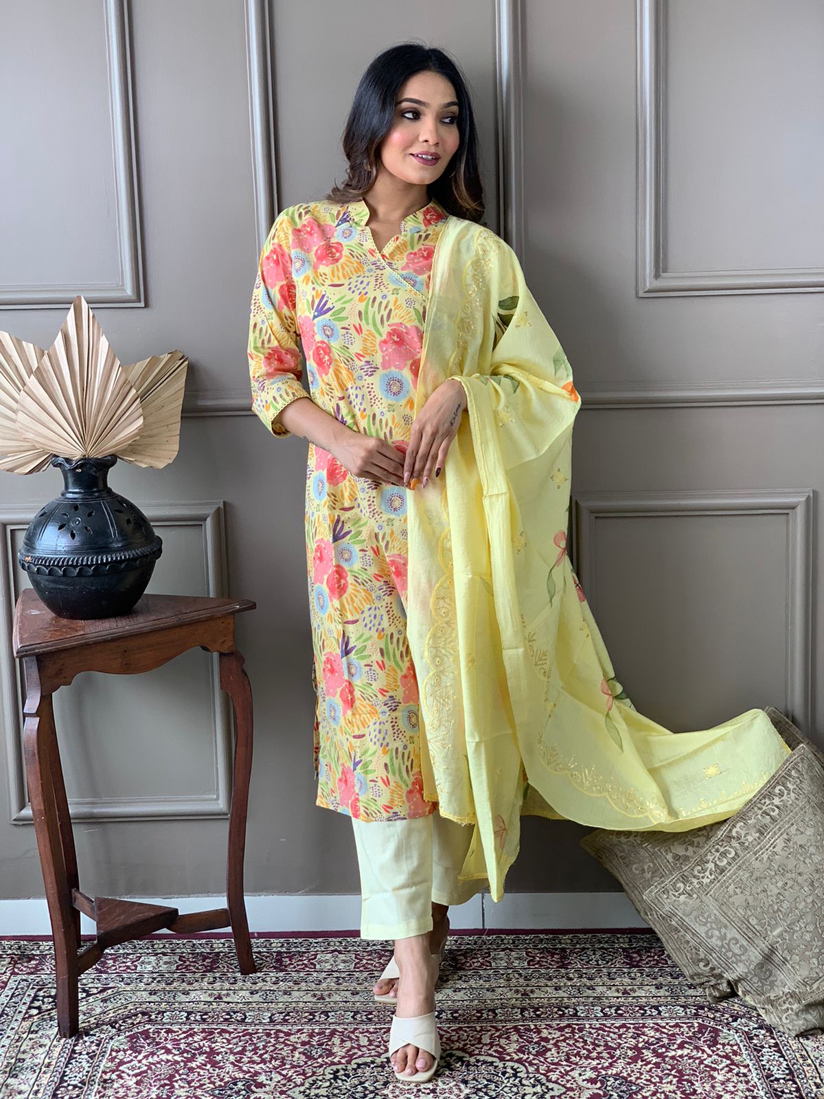 Maabetii Yellow Floral Embroider Cotton Angarkha Suit Set