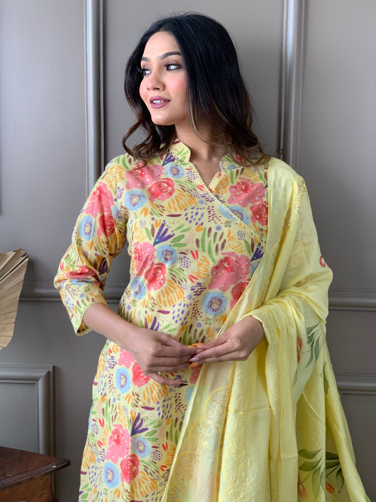 Maabetii Yellow Floral Embroider Cotton Angarkha Suit Set