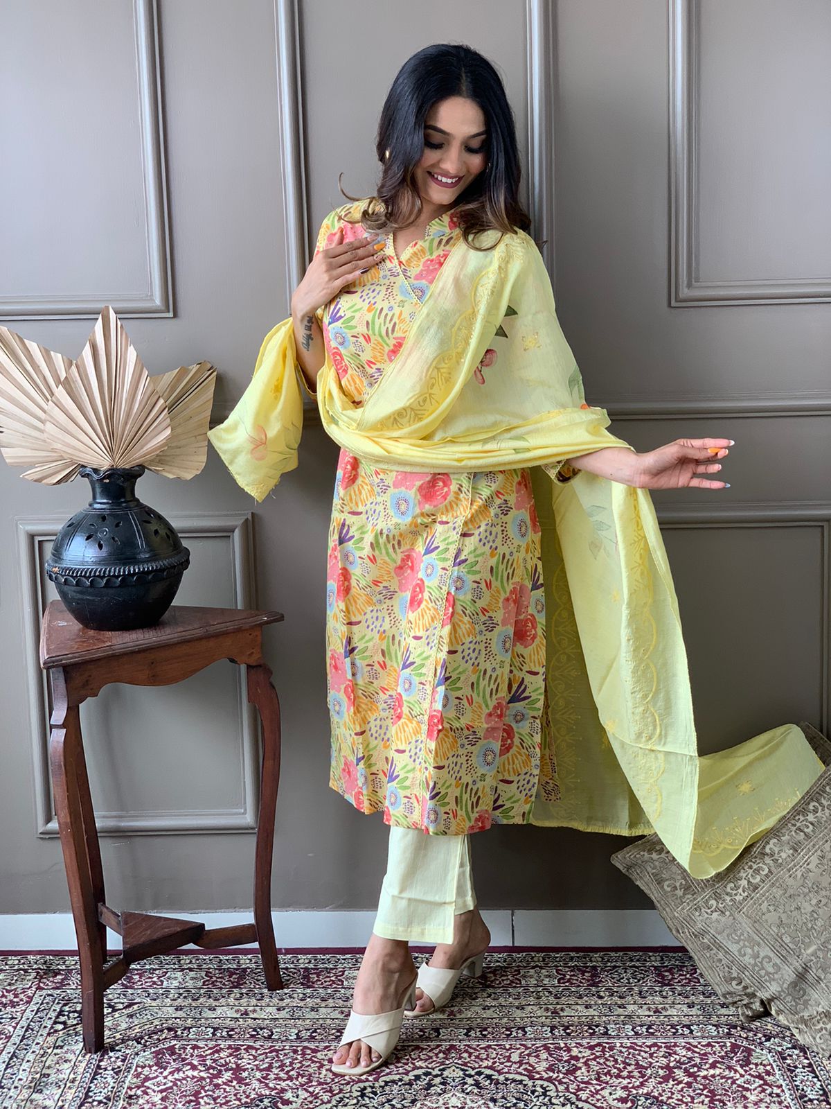 Maabetii Yellow Floral Embroider Cotton Angarkha Suit Set