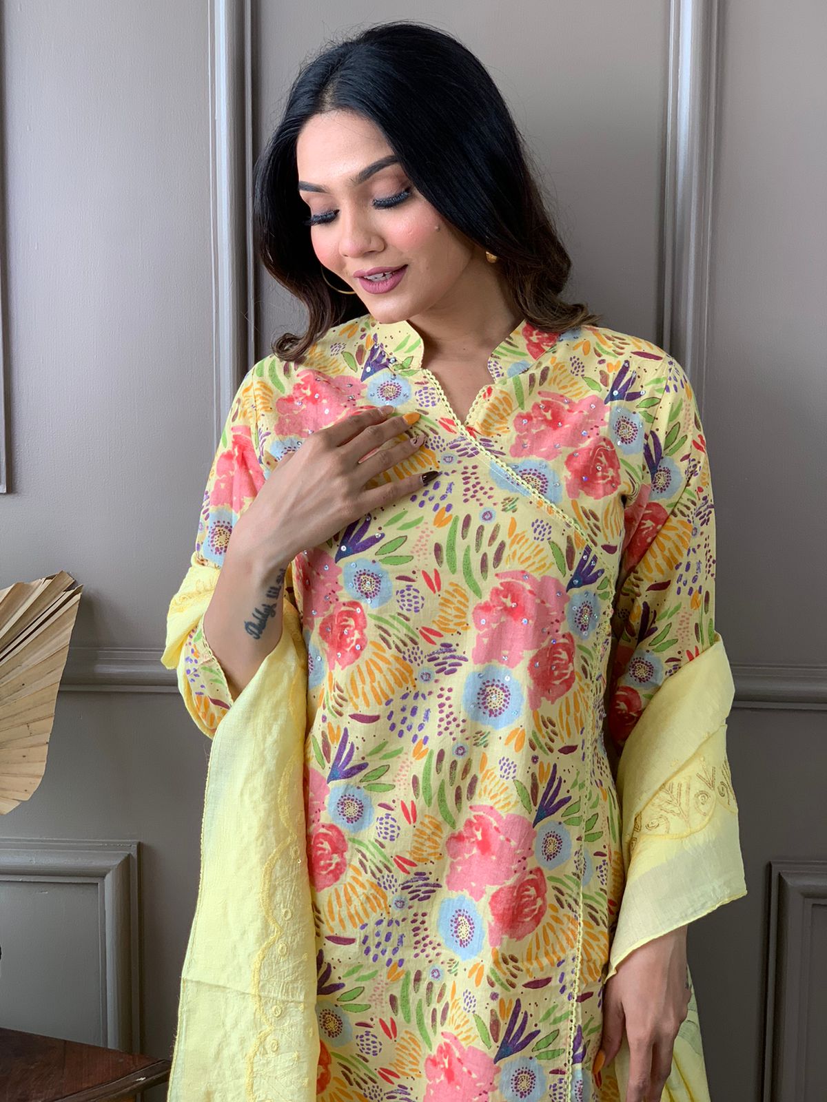 Maabetii Yellow Floral Embroider Cotton Angarkha Suit Set