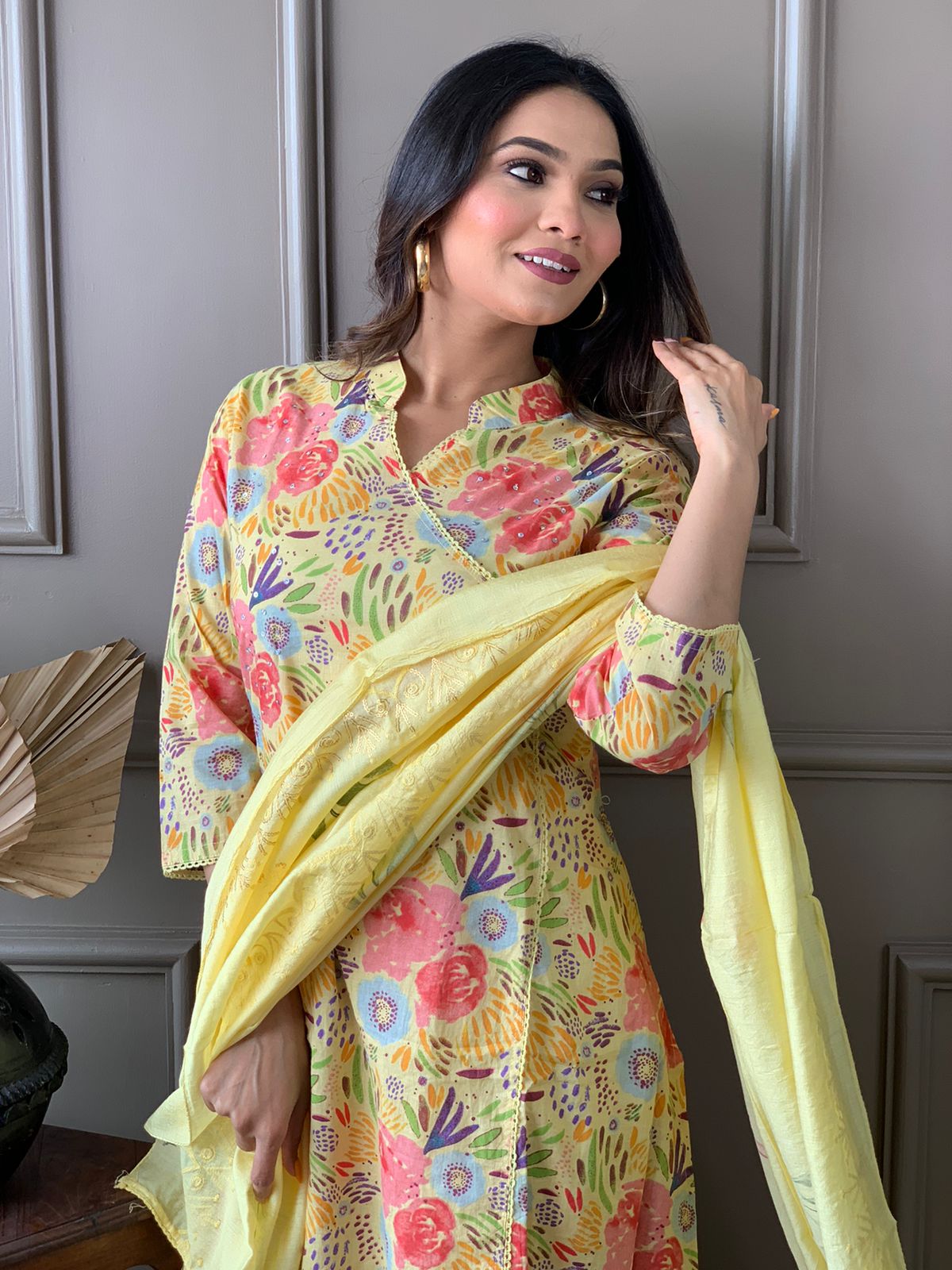 Maabetii Yellow Floral Embroider Cotton Angarkha Suit Set