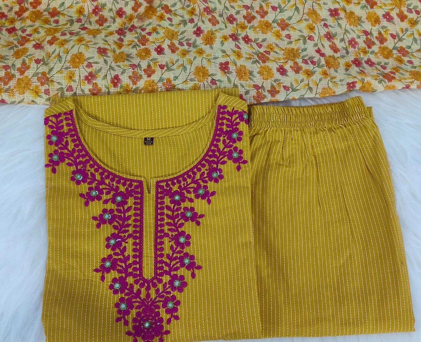 Maabetii Yellow Floral Embroidery Cotton Kantha Straight Suit Set