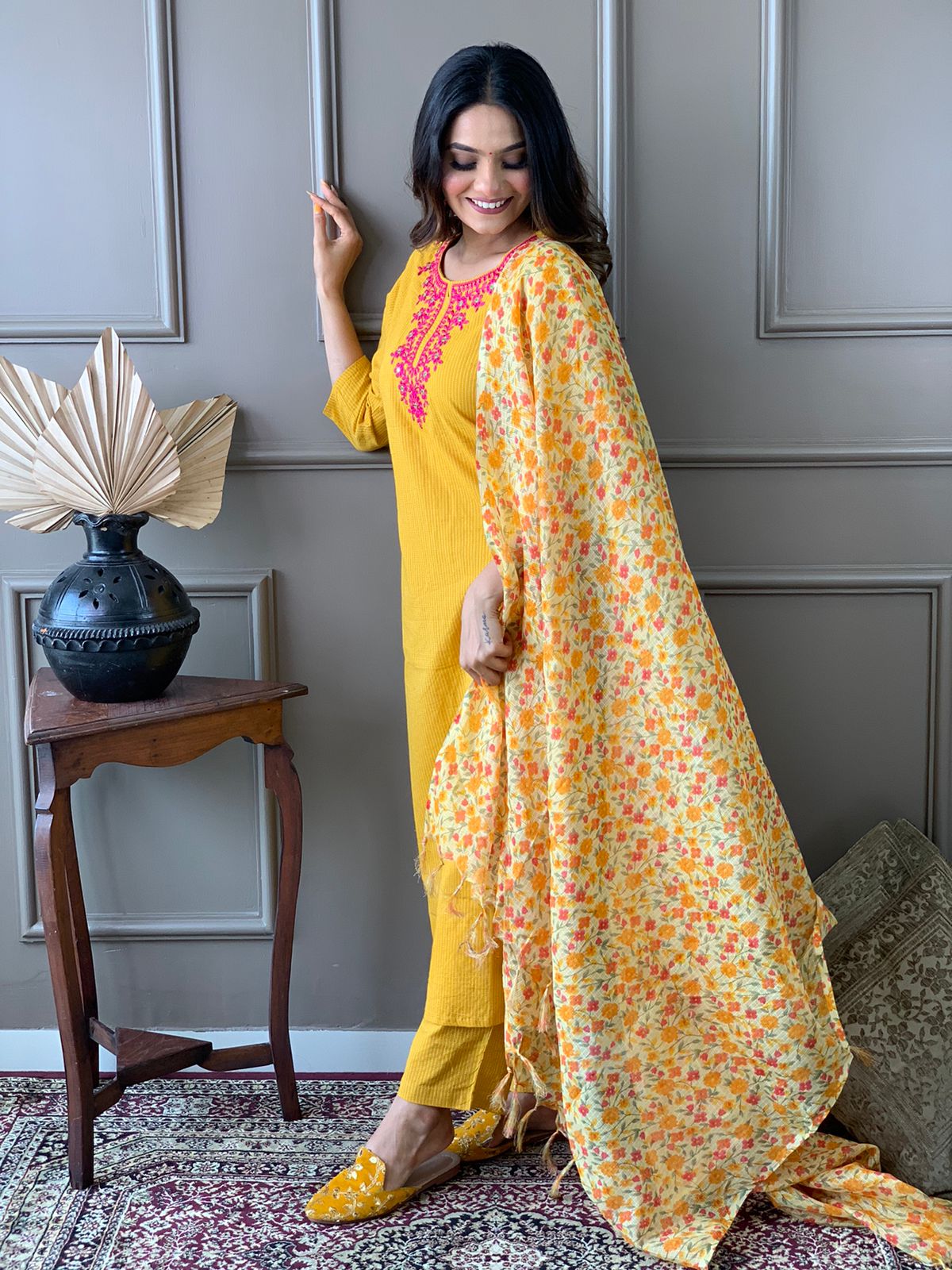 Maabetii Yellow Floral Embroidery Cotton Kantha Straight Suit Set