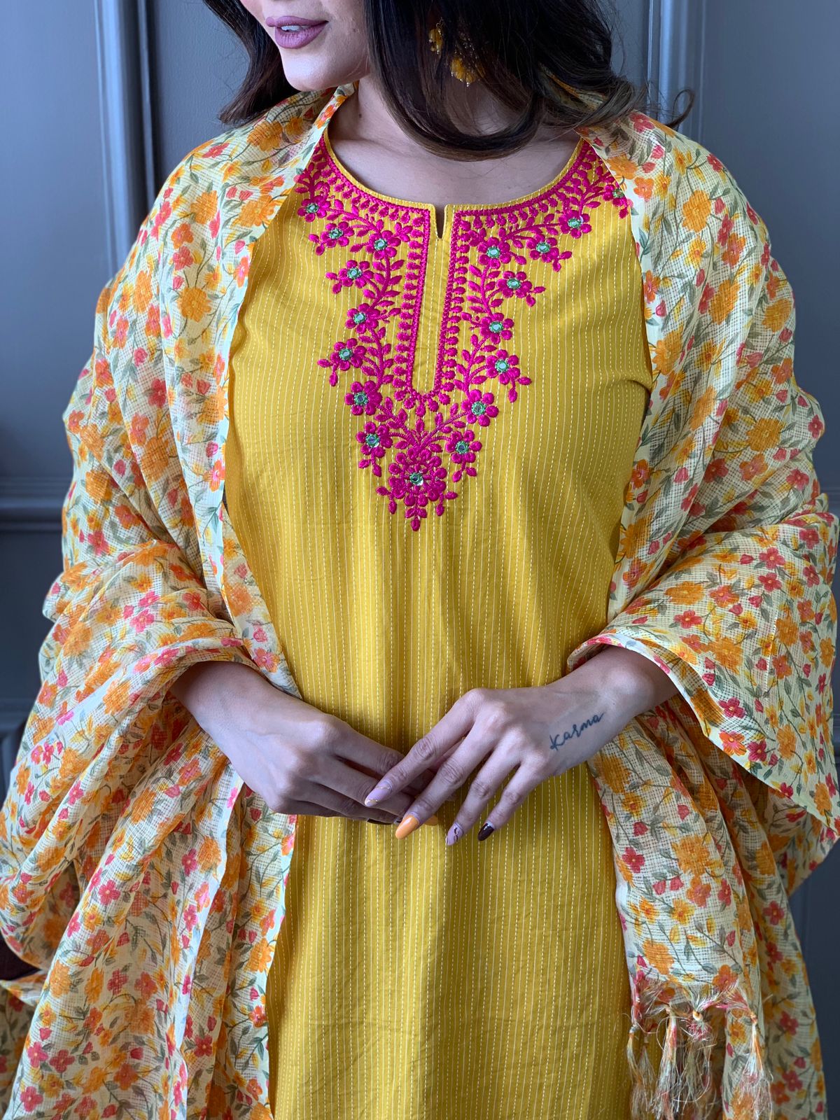 Maabetii Yellow Floral Embroidery Cotton Kantha Straight Suit Set