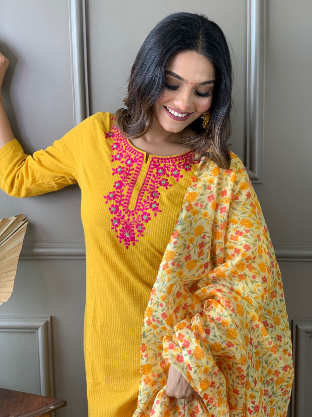 Maabetii Yellow Floral Embroidery Cotton Kantha Straight Suit Set