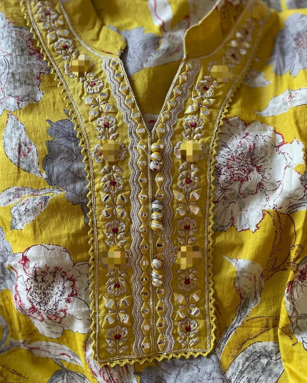 MaaBetii Yellow Floral printed Mirror work Cotton Afghani Suit Set