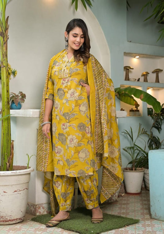 MaaBetii Yellow Floral printed Mirror work Cotton Afghani Suit Set