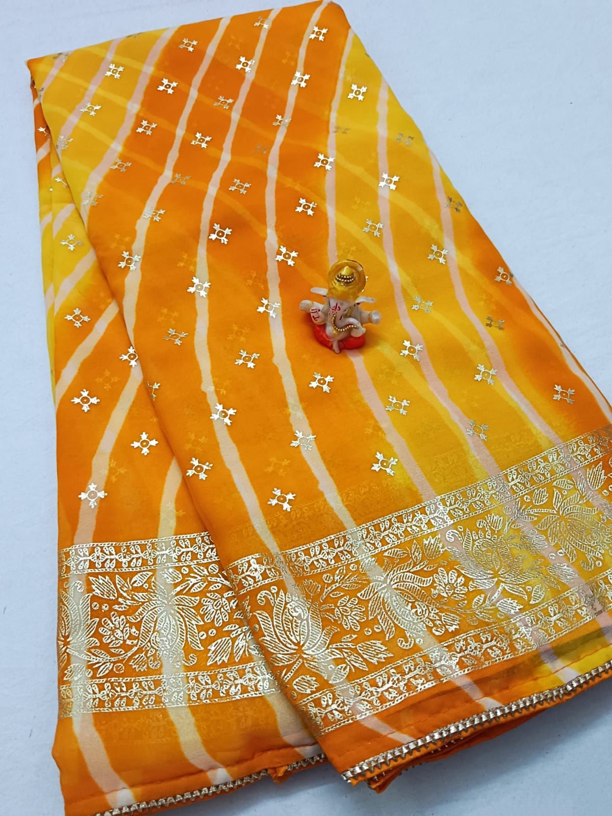 Maabetii Yellow Georgette Lheriya Saree with Gota Work